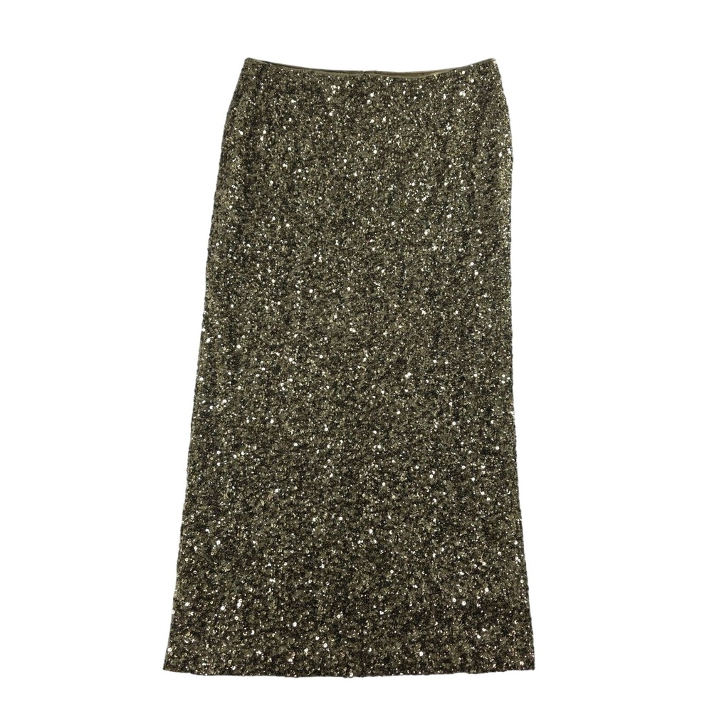 Lafayette 148 Women 2 Shiny Gold Sequin Midi Skirt Pencil Straight Shimmer